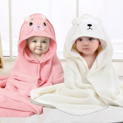 2pcs Neutral Baby Bath Towels – Animal Face Hooded Towel, Unique Animal Design Baby Cape, Super Soft Newborn Towel, Suitable For All Seasons, Children's Soft Coral Fleece Cartoon Bathroom Supplies, Bath Wrap
