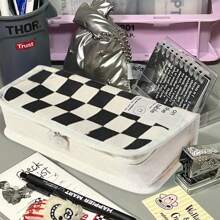 1 件棋盘格图案铅笔袋，现代便携式学生铅笔袋，铅笔盒，铅笔袋，书包 - 黑色 - 查看 15