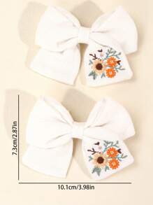 2pcs White Floral Embroidery Bow Hair Clips, Simple & Fashionable For Teens - White - View 5