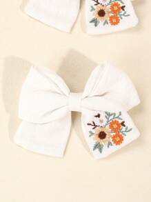 2pcs White Floral Embroidery Bow Hair Clips, Simple & Fashionable For Teens - White - View 3