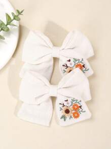 2pcs White Floral Embroidery Bow Hair Clips, Simple & Fashionable For Teens - White - View 2