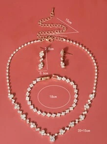 Conjunto de joyas de 4 piezas con diamantes de imitación para mujeres, que incluye collar, aretes y pulsera para bodas y fiestas - Plateado - Ver 4