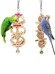 1/5/8 Pcs/Set Wooden Bird Swing With Hanging Bell(Accessory Colour Is Random) - Fun Chew Toy For Parrots And Other Birds - Cage Accessory For Happy And Healthy Pets - Beige - View 5