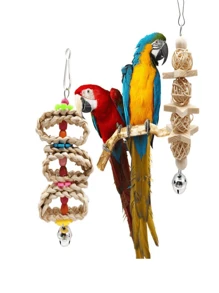 1/5/8 Pcs/Set Wooden Bird Swing With Hanging Bell(Accessory Colour Is Random) - Fun Chew Toy For Parrots And Other Birds - Cage Accessory For Happy And Healthy Pets - Beige - View 4