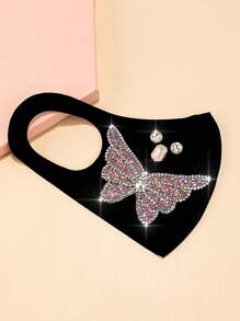 1 pieza Máscara de tela negra con patrón de mariposa de rhinestone rosa, ligera, transpirable, protección solar, a prueba de polvo, adecuada para exteriores, uso diario, fiesta - Ver 2