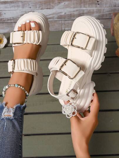 Women's Pleated Design Thick-Soled Sandals, Casual Buckle Strap Summer Sandals, Comfortable Chunky Heel Sandals, Platform Wedge Sandals, Versatile Casual Sandals, Beach Vacation Shoes, Flat Sandals, Summer Women Shoes