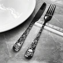 4/16/24PCS Black Cutlery Set, Serves For 1/4, Includes Spoons Forks And Knife, Stainless Steel Flatware For Home Kitchen, Gothic Design Silverware Perfect For Dark&Rock Lover,Mirror Polished, Dishwasher Friendly,Kitchen,Christmas Gift,School Supplies - Black - View 9