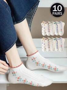 1/10 双女士短袜，隐形袜，白袜，女士袜子，可爱袜子，女孩袜子，采用吸湿排汗线防滑设计，柔软，舒适，透气，可爱蕾丝设计，办公休闲学院风，四季皆可穿。袜子颜色随机 - 彩色 - 查看 6