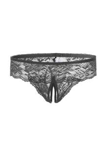 1pc Women's Black Classic Sexy Lace Bow Open-Crotch Panty, Alluring, Suitable For Honeymoon, Dates, Rave - Black - View 3