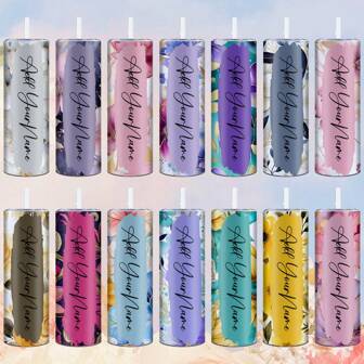 Personalized 20 Oz Narrow Tumbler With Lid And Straw Name Custom Mug With Name And Text. Print Names With Flower Patterns And Give Them Away. Customized Cups With Printed Patterns. For Weddings, For Housewarming Dining Room, Living Room, Bedroom, Office, Tea Room, Home, School Water Bottle