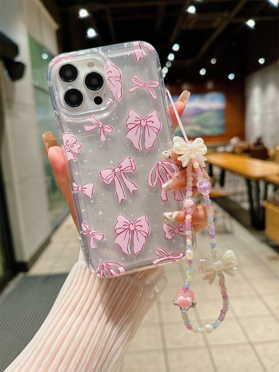 透明貝殼帶蝴蝶結掛繩iPhone 15手機殼，簡約風格，適用於14ProMax/13/11，防震TPU軟殼 - 彩色 - 查看 1