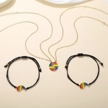 4pcs/Set LGBT Rainbow Yin Yang Bead Bracelet + Necklace Pendant, Handmade Adjustable Card Strap, Multi-Color Chic Accessories
