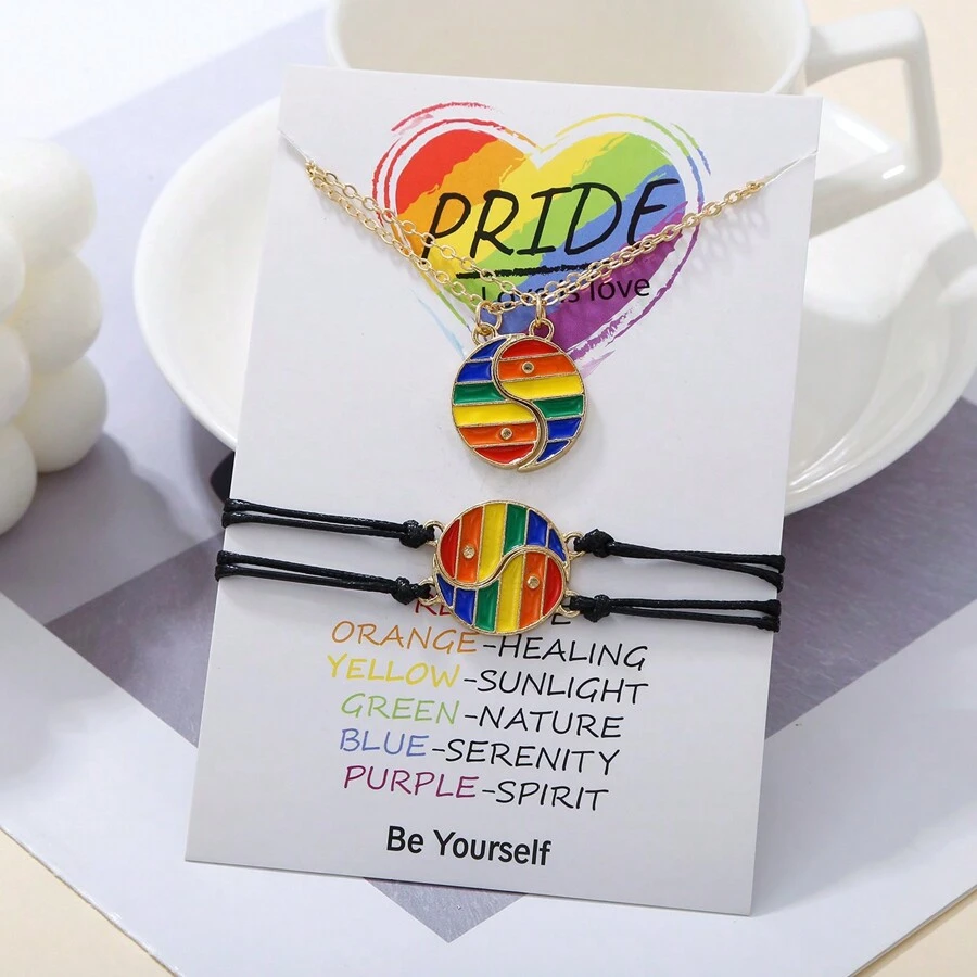 4pcs/Set LGBT Rainbow Yin Yang Bead Bracelet + Necklace Pendant, Handmade Adjustable Card Strap, Multi-Color Chic Accessories