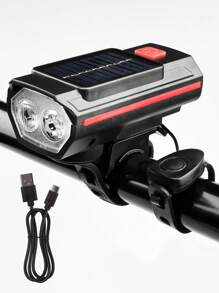 Conjunto de luces de bicicleta recargables USB alimentadas por energía solar, faro de bicicleta LED con luz de emergencia y bocina, resistente al agua, con 3 modos de iluminación