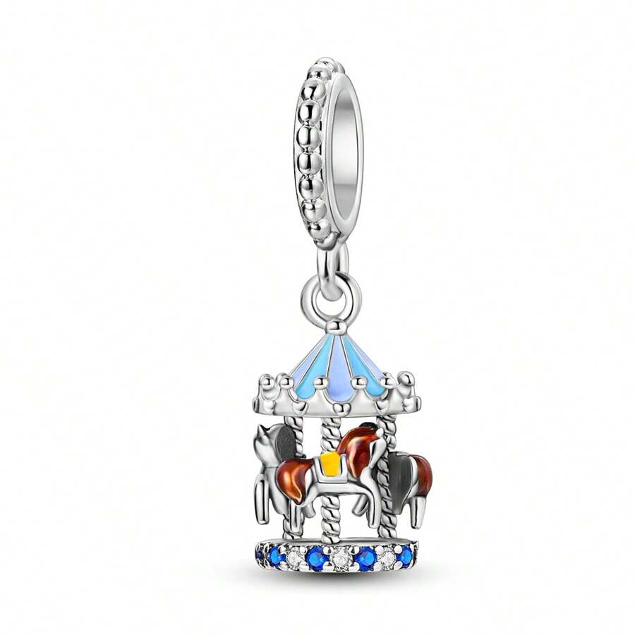 Blue Carousel Charm Pendant For Women's Bracelet Necklace Fine DIY 925 Sterling Silver Charms Jewelry Gifts