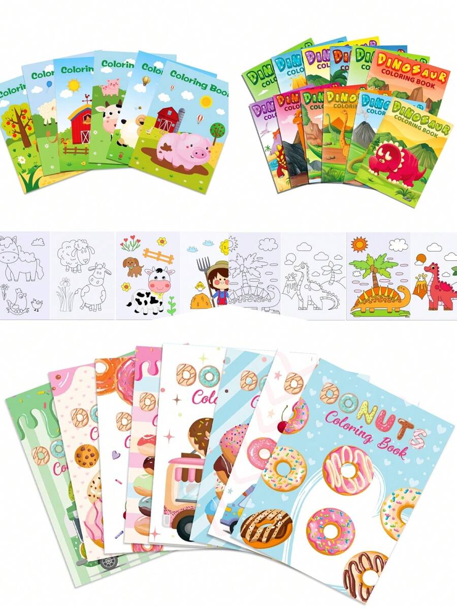 6 Piezas Libros para colorear de Animales de Granja/8 Piezas Libros para colorear de Donuts Dulces/12 Piezas Libros para colorear con Patrones de Dinosaurios, Libros de Dibujos Pequeños de Dibujos Animados, Regalo de Cumpleaños, Regalos para Profesores para Recompensar a Compañeros de Clase, Favor de Fiesta, Navidad - Multicolor - Ver 1