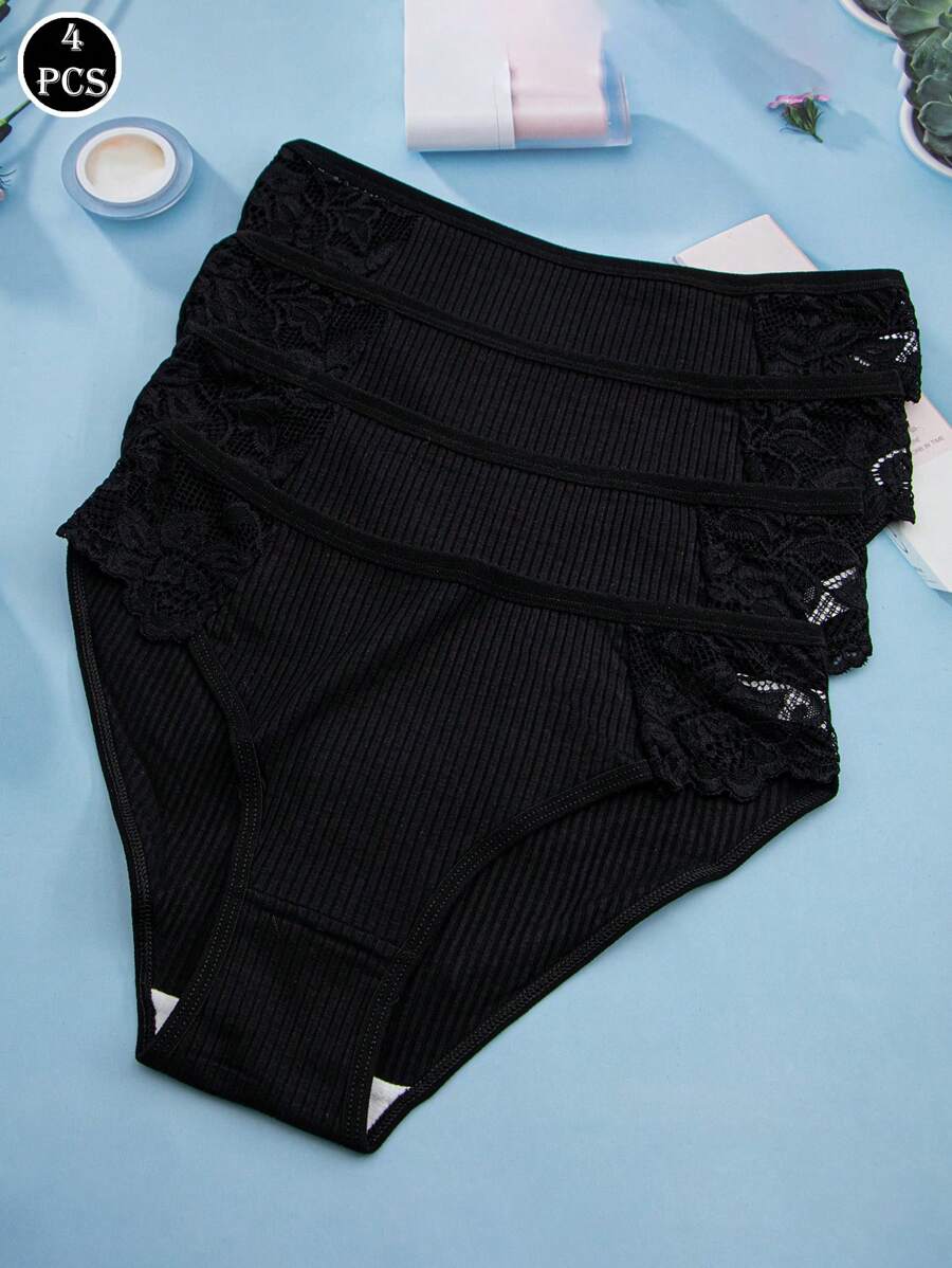 4pcs Breathable Lace Trimmed Ribbed Thong - Black - View 1