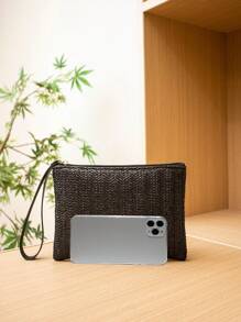 Cartera de embrague tejida en negro para mujer, esencial para vacaciones, perfecta para viajes, vacaciones, días festivos y playa