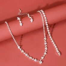 Conjunto de joyas de 4 piezas con diamantes de imitación para mujeres, que incluye collar, aretes y pulsera para bodas y fiestas - Plateado - Ver 14