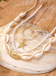 3pcs Fashion Shell Necklace Set, Starfish & Shell Pendant Layered Necklaces For Women, Beach Vacation - Yellow Gold - View 3