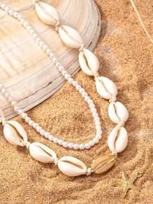 3pcs Fashion Shell Necklace Set, Starfish & Shell Pendant Layered Necklaces For Women, Beach Vacation - Yellow Gold - View 5