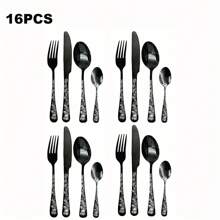 4/16/24PCS Black Cutlery Set, Serves For 1/4, Includes Spoons Forks And Knife, Stainless Steel Flatware For Home Kitchen, Gothic Design Silverware Perfect For Dark&Rock Lover,Mirror Polished, Dishwasher Friendly,Kitchen,Christmas Gift,School Supplies - Black - View 13