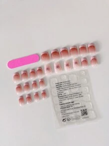 24片/套 法式短款T字渐变蝴蝶图案可卸全覆盖假指甲，适合女孩/女士日常、派对、旅行及其他装饰用途 + 1片果冻胶 + 1把指甲锉。按压式美甲套装，美甲用品。 - 彩色 - 查看 3