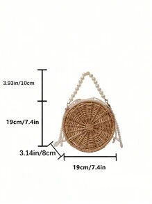 手工编织藤包，圆形柳条编织手提袋，带仿珍珠手柄的礼品篮，可用作单肩包、纪念品袋、家居装饰、秋冬礼物、田园风、夏季服装 - 卡其色 - 查看 9