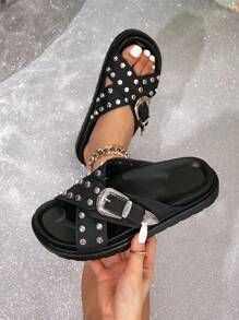 New Summer Women Fashionable Thick-Soled Metal Buckle Sandals Studded Punk & Vintage Style Soft & Comfortable Anti-Skid Beach Slippers - Black - View 1