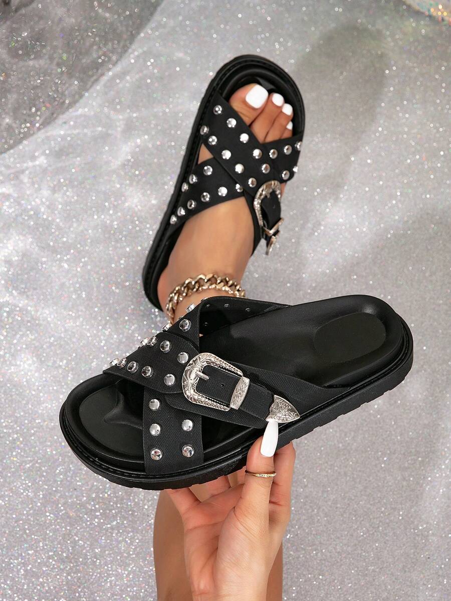 New Summer Women Fashionable Thick-Soled Metal Buckle Sandals Studded Punk & Vintage Style Soft & Comfortable Anti-Skid Beach Slippers - Black - View 1