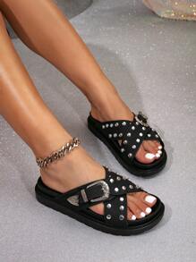 New Summer Women Fashionable Thick-Soled Metal Buckle Sandals Studded Punk & Vintage Style Soft & Comfortable Anti-Skid Beach Slippers - Black - View 2