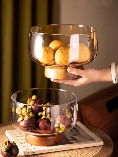 Bộ 1 bát thủy tinh đựng trái cây đế gỗ, khay đựng thức ăn cho nhà bếp, phòng ăn, thích hợp cho đám cưới, tiệc tùng, quà tặng, sinh nhật