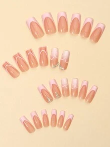 24Pcs Square Press-On Nail Tips With Pink Heart French Manicure And Rhinestone Decor, Come With 1 Nail File And 1 Jelly Gel Press On Nails Nail Supplies Nails - Pink - View 3