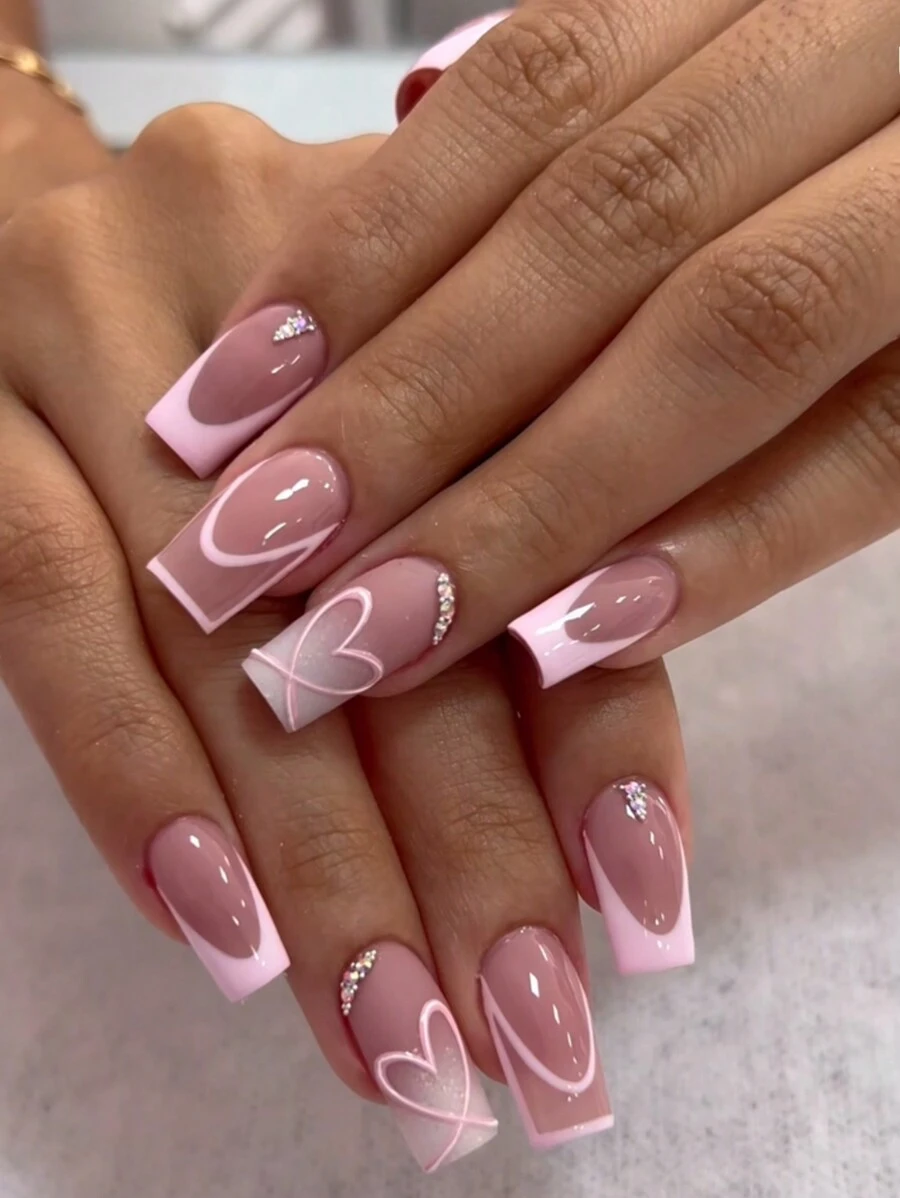 24Pcs Square Press-On Nail Tips With Pink Heart French Manicure And Rhinestone Decor, Come With 1 Nail File And 1 Jelly Gel Press On Nails Nail Supplies Nails - Pink - View 1