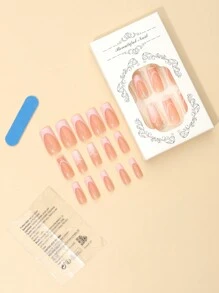 24Pcs Square Press-On Nail Tips With Pink Heart French Manicure And Rhinestone Decor, Come With 1 Nail File And 1 Jelly Gel Press On Nails Nail Supplies Nails - Pink - View 2