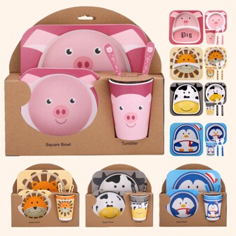 1 件竹纤维儿童餐具套装，创意卡通碗分盘勺叉杯 5 件礼品套装，可爱又方便使用，是送给孩子的好礼物，学校用品，返校