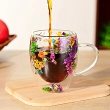 1PC 250ML/350ml干花双层玻璃杯家用咖啡杯带手柄耐热高硼硅咖啡杯茶杯返校 - 無色 - 查看 1