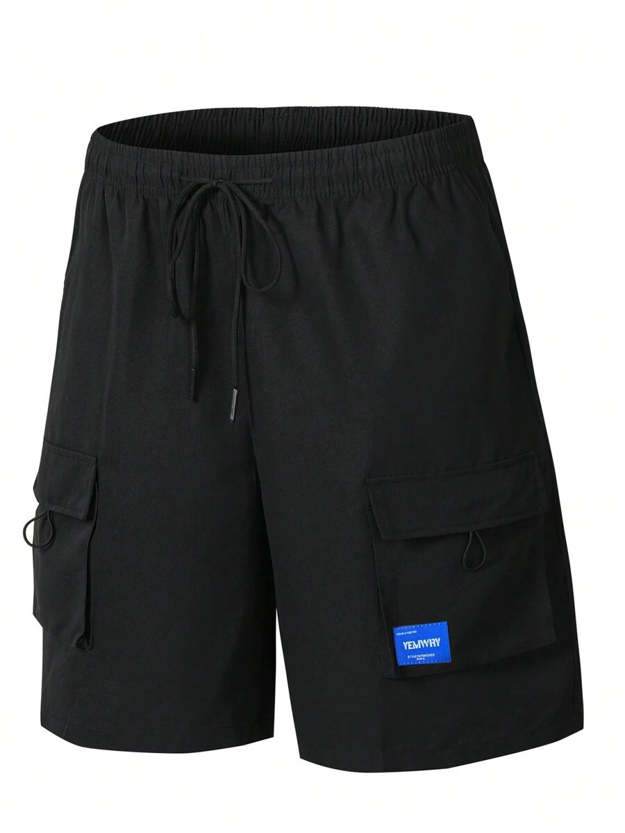 Ragazzo Tween Casual Lettera Patch Fashion Pantaloncini Da Lavoro Con Coulisse Per L'estate - nero - Visualizzare 1