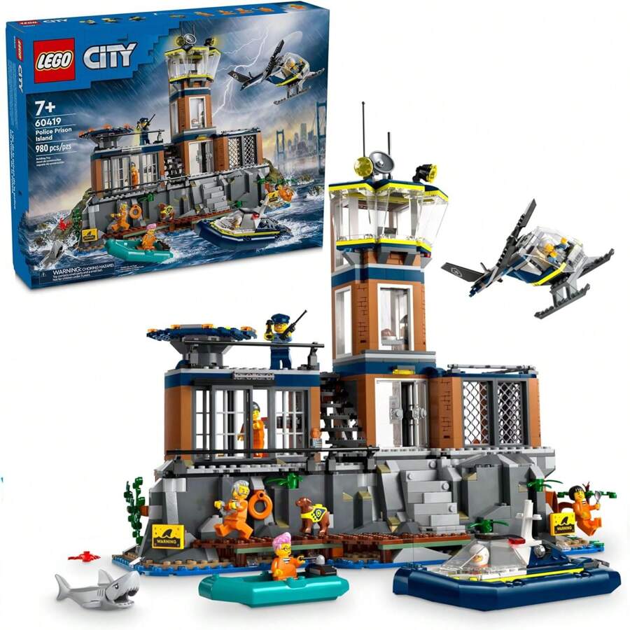 LEGO 城市警察监狱岛玩具积木套装，适合 7 岁以上男孩和女孩的生日礼物，富有想象力的游戏，直升机玩具，船玩具和小艇，7 个迷你人偶（带狗和鲨鱼玩具），60419 房间装饰冬季礼物，乐高，乐高，乐高迷你人偶 - 1色 - 查看 1