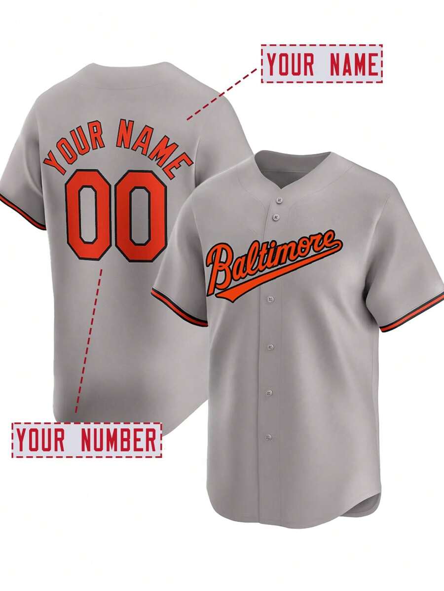Customized Name And Number Boyfriend Style Men's Embroidery Baseball Jersey Baltimore Grey V-Neck Personalized Short Sleeve Button Down Shirts Party Games Training Sports Tops S-Xxl