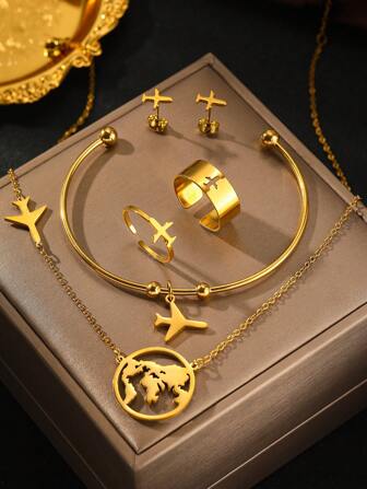 1pc Stainless Steel Women's Airplane Shaped Pendant Open Cuff Bracelet Chain Necklace And Stud Earring Set, Best For Daily Wear