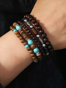 5pcs/Set Bohemian Style Fashionable Wood Bead, Patterned Alloy Leaf And Multi-Layered Bracelet For Men's Daily Wear, Suitable As A Gift For Friends - Multicolor - View 7