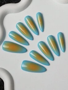 杏仁形、A 形手工 Y2K 风格按压式指甲，蓝色按压式指甲件配黄色扎染纯腮红设计，完全手工制作，适合女性和女孩参加派对、舞会和日常佩戴，3 种尺寸 10 件，包括工具包，可以作为礼物送给女性和女孩。按压式指甲美甲用品 - 彩色 - 查看 2