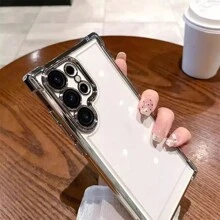 1pc Silver Electroplated Airbag Anti-Fall Space Case With Built-In Lens Film, Acrylic Transparent Backboard + TPU Silicone Soft Edge PC Hard Shell Full Coverage Luxury Phone Case Compatible With Apple, Galaxy, Dust-Proof Hole Edge Thickened Design - Silver - View 7