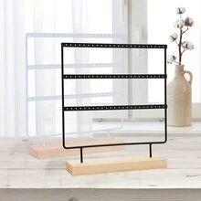 1pc 3-Layer 72-Hole Earring Display Stand, Metal Jewelry Storage Organizer, Wooden Base, Ear Stud Display Rack For Girls, White - Multicolor - View 7