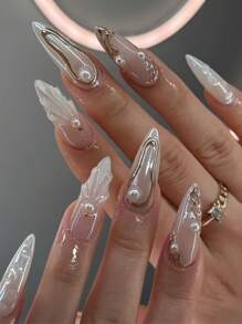 24 piezas de uñas postizas de alta calidad con forma de almendra media, diseño floral de 3D asimétrico de concha de abulón con rhinestones, aptas para uso diario por mujeres y niñas uñas falsas uña falsa uña acrílica