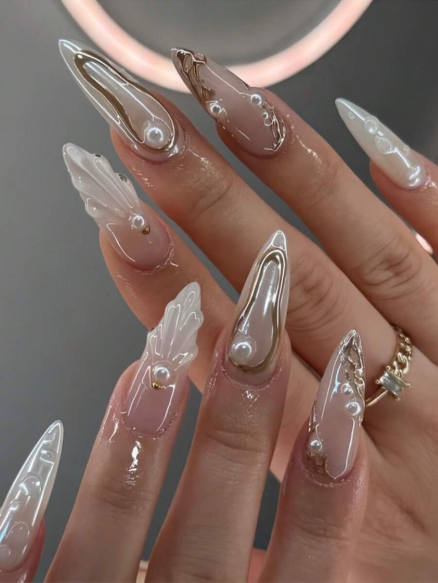 24 piezas de uñas postizas de alta calidad con forma de almendra media, diseño floral de 3D asimétrico de concha de abulón con rhinestones, aptas para uso diario por mujeres y niñas uñas falsas uña falsa uña acrílica