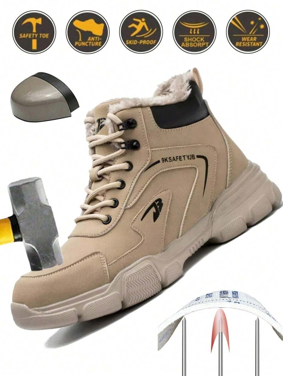 男士保暖钢头工作靴，安全鞋踝高防压防刺穿耐用工作运动鞋，适合春秋冬季