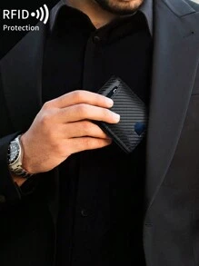 MIYIN 阻挡男女通用碳纤维钱包简约多功能超薄双折信用卡夹便携式前袋男士钱包带夹子和信用卡槽（碳纤维黑）男士钱包钱包小钱包男士钱包皮革射频识别钱包 - 黑色 - 查看 4