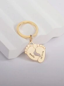 定制個性化名字與日期刻印的生辰石鑲嵌鑰匙扣，帶有足印，適用於父親節、母親節、情人節、生日、周年紀念、聖誕節、畢業典禮、家庭和朋友聚會等場合